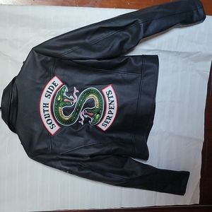 Hot Topic Black Leather Jacket with Green and Red Serpent Design